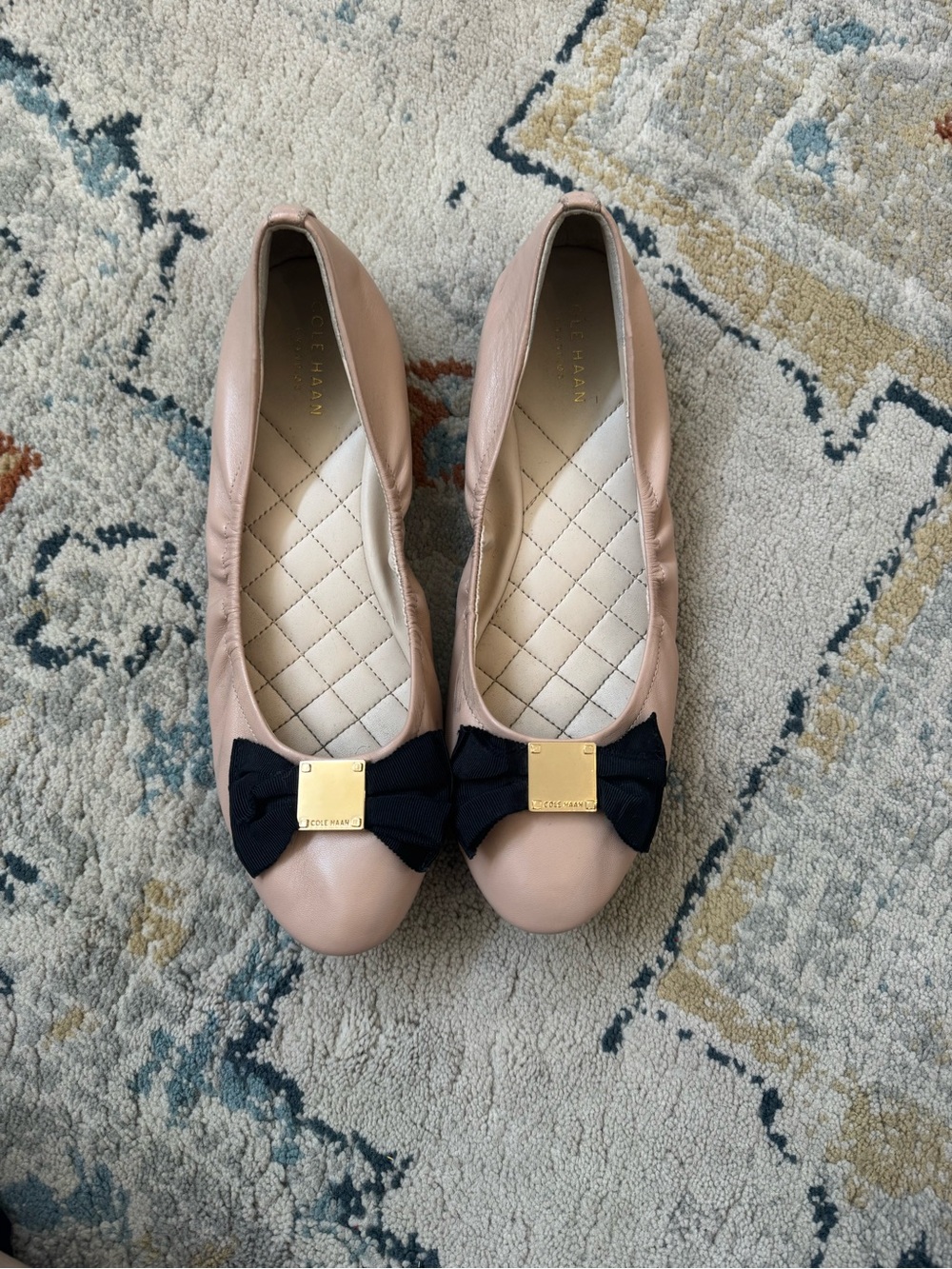 Cole Haan Blush Pink Leather Ballet Flats with Black Bow